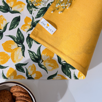 Oak & Lily Table Runner – Yellow & Green Lemon Print | 100% Cotton | Premium European Quality