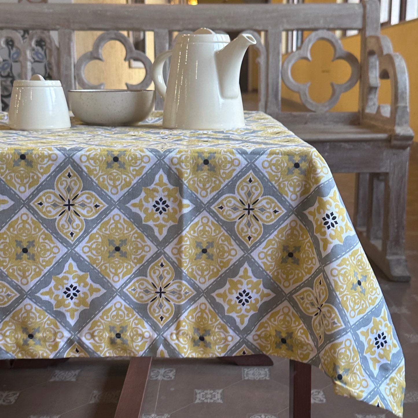 Oak & Lily Table Cloth – Yellow & Grey Ethnic Print | 100% Cotton | Anti-Slip | Premium European Quality | Dining Table Cover