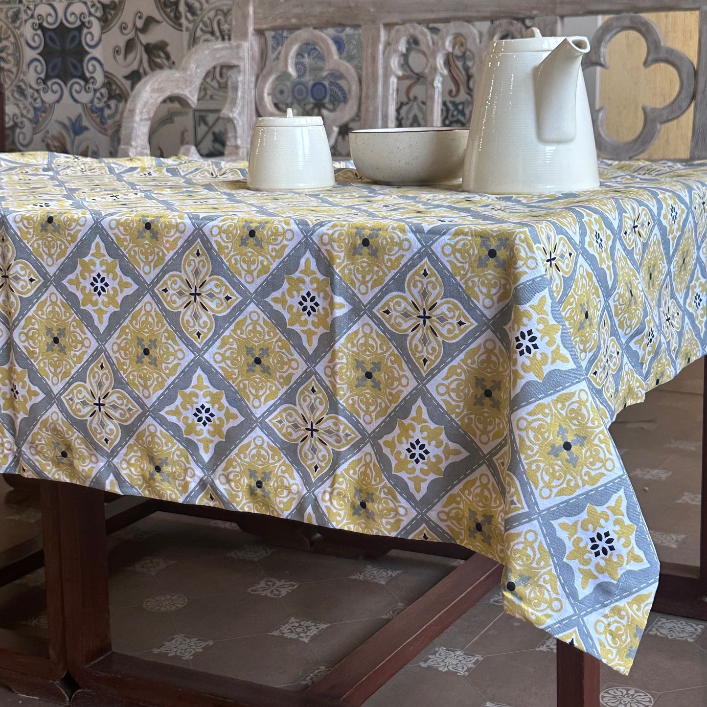 Oak & Lily Table Cloth – Yellow & Grey Ethnic Print | 100% Cotton | Anti-Slip | Premium European Quality | Dining Table Cover