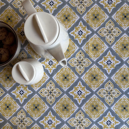 Oak & Lily Table Cloth – Yellow & Grey Ethnic Print | 100% Cotton | Anti-Slip | Premium European Quality | Dining Table Cover
