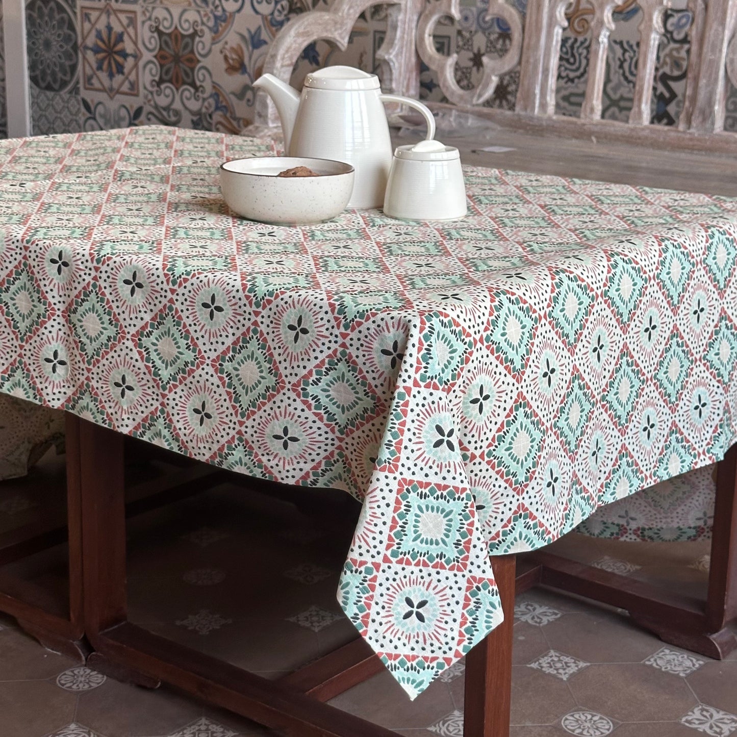 Oak & Lily Table Cloth – Multicolour Ethnic Print | 100% Cotton | Anti-Slip | Premium European Quality