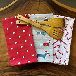 Oak & Lily Kitchen Towels – Christmas Joy Stick, Polka Dots & Dog Prints | Set of 3 | 100% Cotton | European Quality | Super Absorbent &amp; Anti-Bacterial
