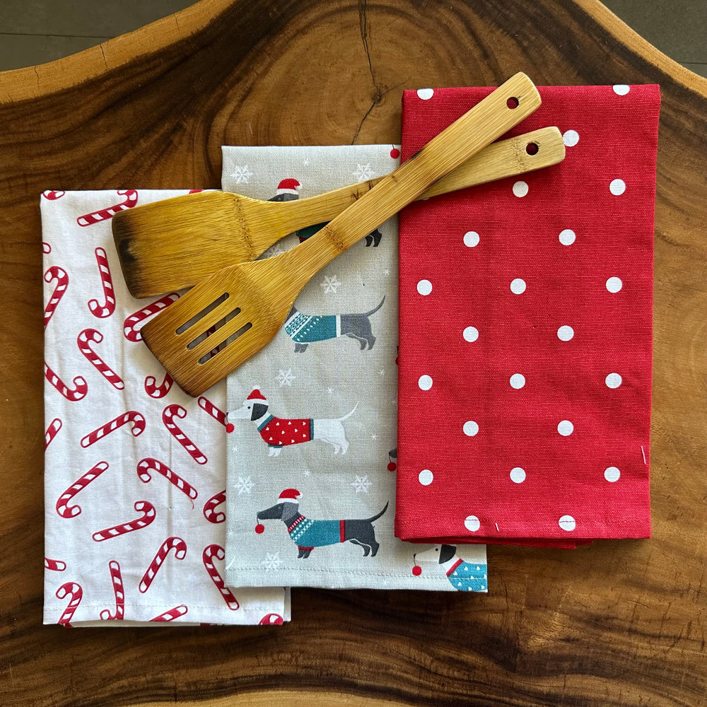 Oak & Lily Kitchen Towels – Christmas Joy Stick, Polka Dots & Dog Prints | Set of 3 | 100% Cotton | European Quality | Super Absorbent &amp; Anti-Bacterial