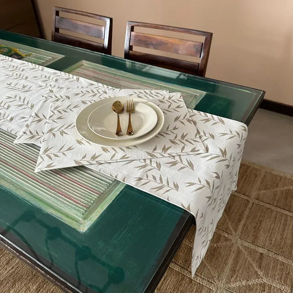 Ivory & Beige Leaf Print Table Runner & Placemats Set