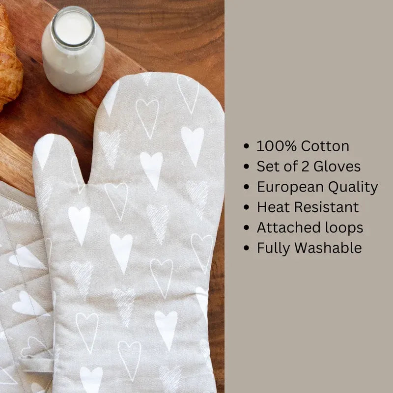 Ivory & Beige Heart Print Oven Mittens | Set of 2