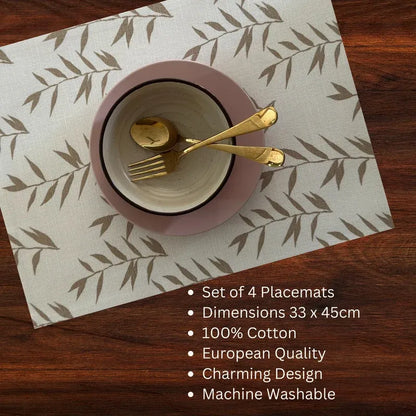 Oak & Lily Placemats – Ivory & Beige Leaf Print  | 100% Cotton | Heat Resistant | Premium European Quality