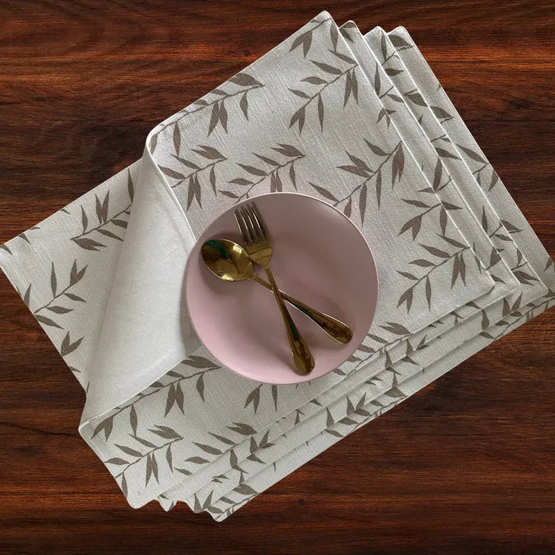 Oak & Lily Placemats – Ivory & Beige Leaf Print  | 100% Cotton | Heat Resistant | Premium European Quality