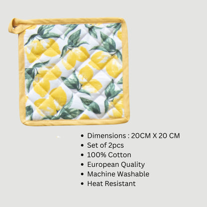 Combo Set of Yellow Lemon Print Apron, Microwave Oven Mittens & Pot Holders