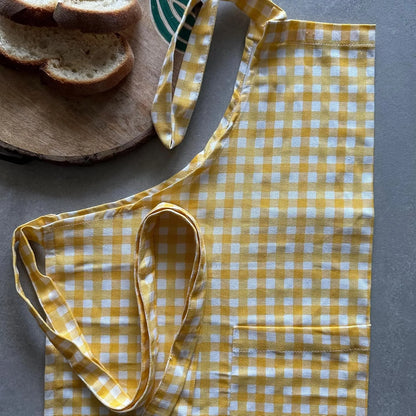 Yellow Check Print Kitchen Linen Set | Apron with Kitchen Napkins & Pot Holder