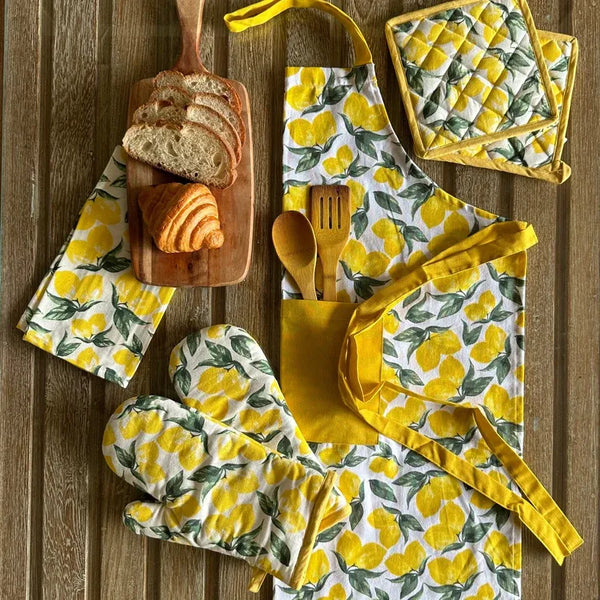 Lemon Yellow Print Kitchen Linen Set | Apron with Oven Mittens & Pot Holder