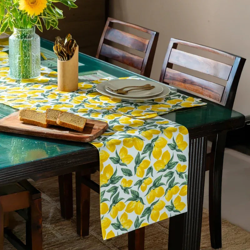 Yellow Lemon and Green Leaf Print Table Runner & Placemats Set