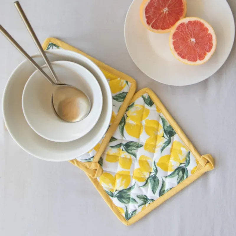 Lemon Yellow Print Kitchen Combo Set | Oven Mittens & Pot Holder