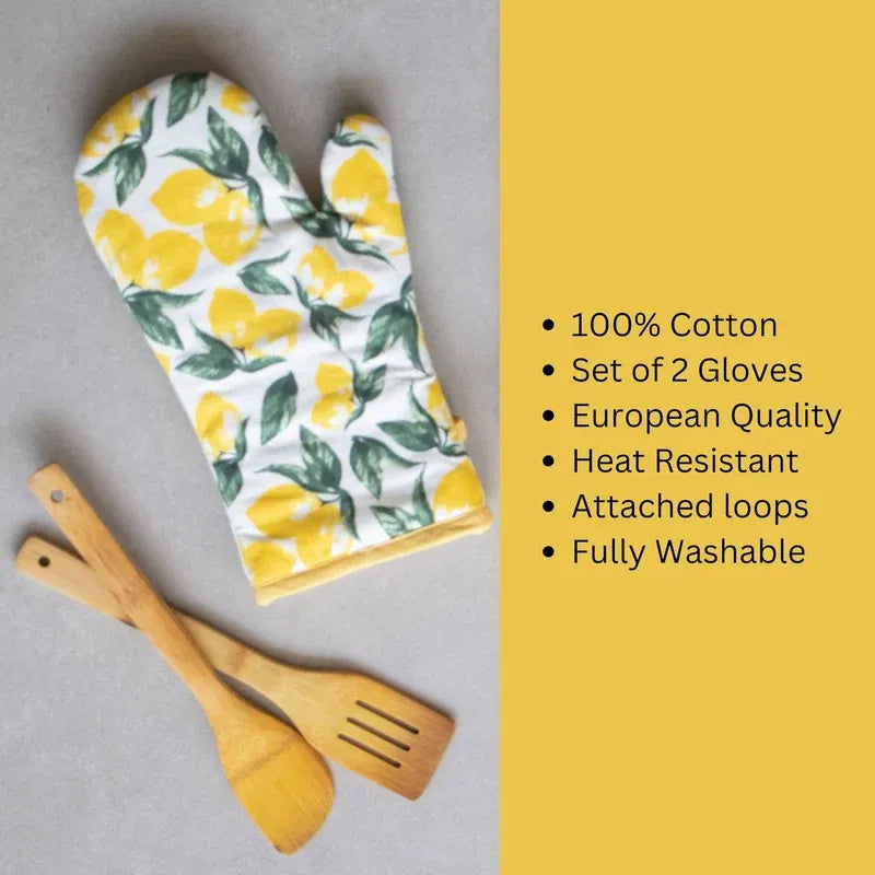Lemon Yellow Print Kitchen Combo Set | Oven Mittens & Pot Holder
