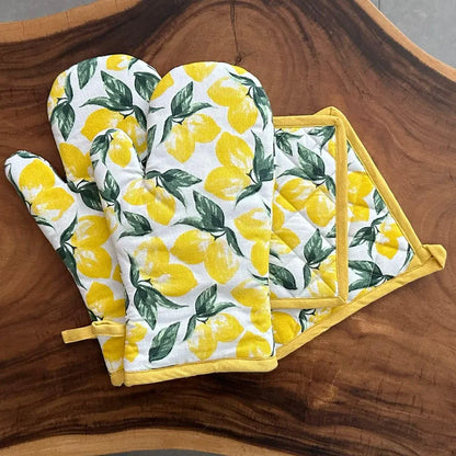 Lemon Yellow Print Kitchen Combo Set | Oven Mittens & Pot Holder