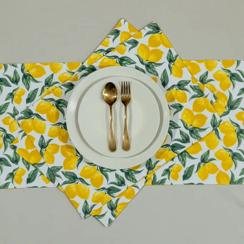 Yellow Lemon and Green Leaf Print Table Runner & Placemats Set