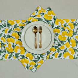 Yellow Lemon and Green Leaf Print Table Runner & Placemats Set