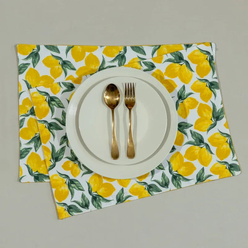 Yellow Lemon and Green Leaf Print Table Runner & Placemats Set