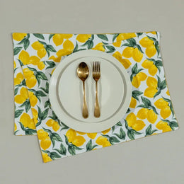 Yellow Lemon and Green Leaf Print Table Runner & Placemats Set