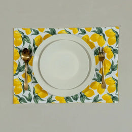 Yellow Lemon and Green Leaf Print Table Runner & Placemats Set