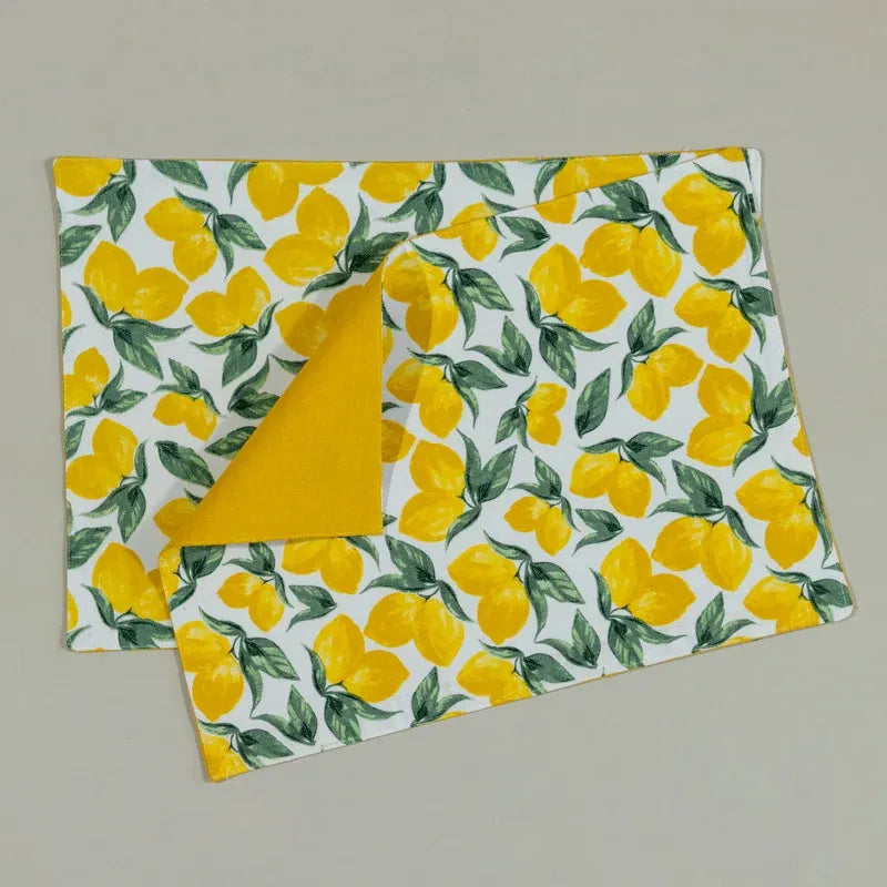 Yellow Lemon and Green Leaf Print Table Runner & Placemats Set