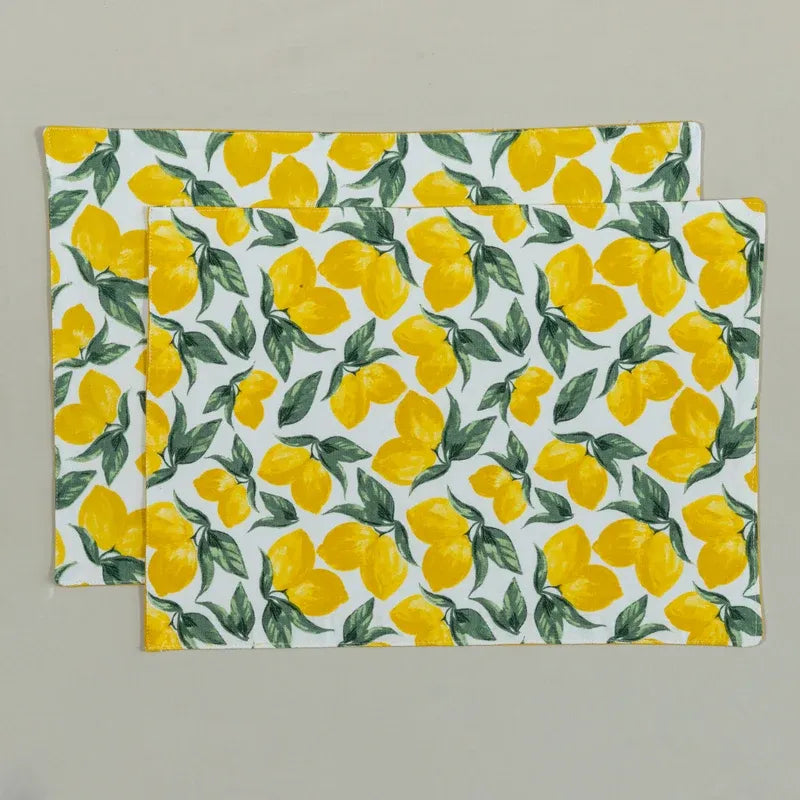 Yellow Lemon and Green Leaf Print Table Runner & Placemats Set