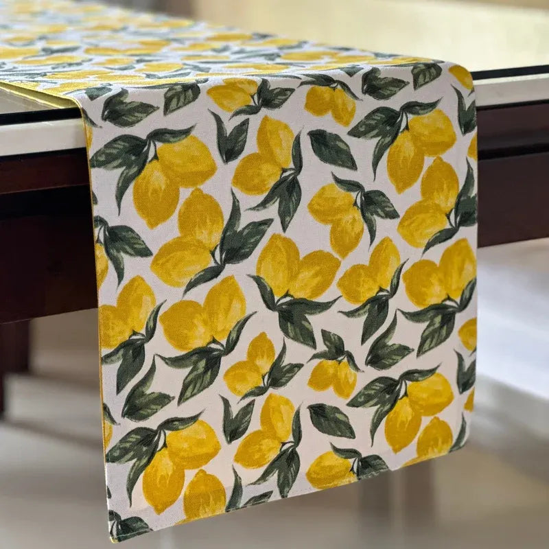 Yellow Lemon and Green Leaf Print Table Runner & Placemats Set