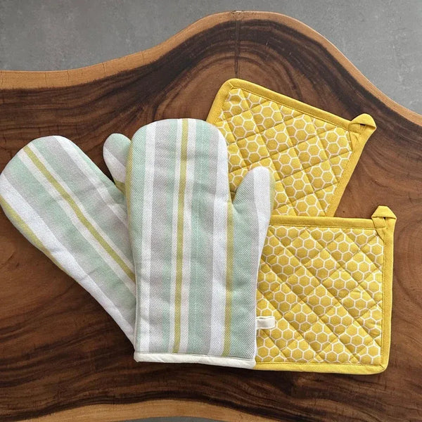 Multicolor Stripe & Yellow Honeycomb Print Kitchen Combo Set | Oven Mittens & Pot Holder