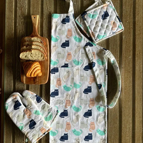 Multicolor Cat Print Kitchen Linen Set | Apron with Oven Mittens & Pot Holder
