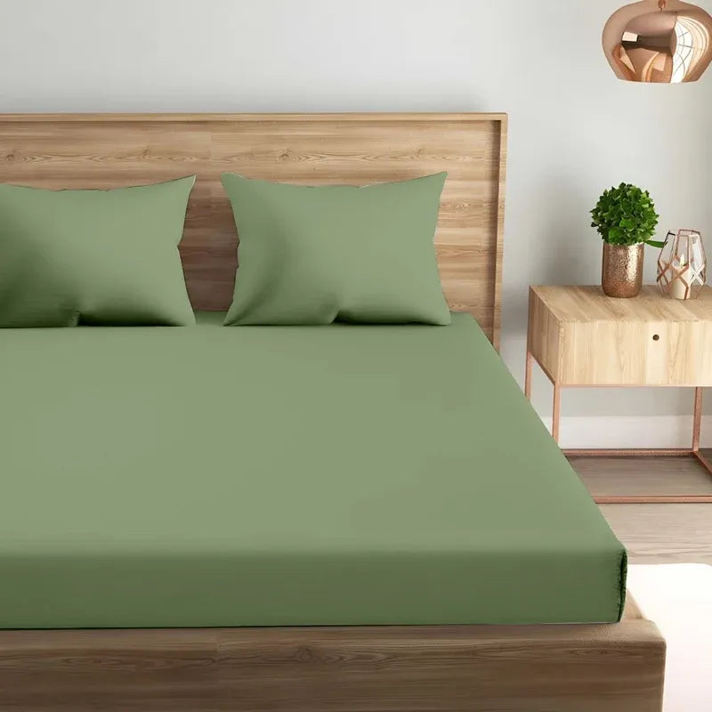Oak & Lily King Size Elastic Fitted Bedsheet – Solid Olive Green | 300 TC | 100% Cotton | 2 Pillow Covers | Soft, Breathable, European Quality