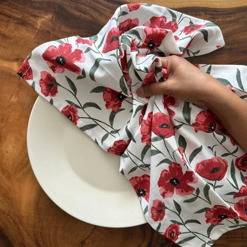 Red Poppy Flower Print Kitchen Napkins | Set of 3