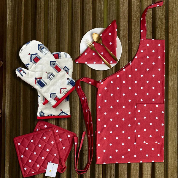Red Polka Dot & Beach House Print Kitchen Linen Set | Apron with Oven Mittens & Pot Holder
