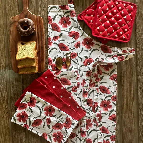 Red Poppy Flower & Polka Dot Print Kitchen Linen Set | Apron with Kitchen Napkins & Pot Holder