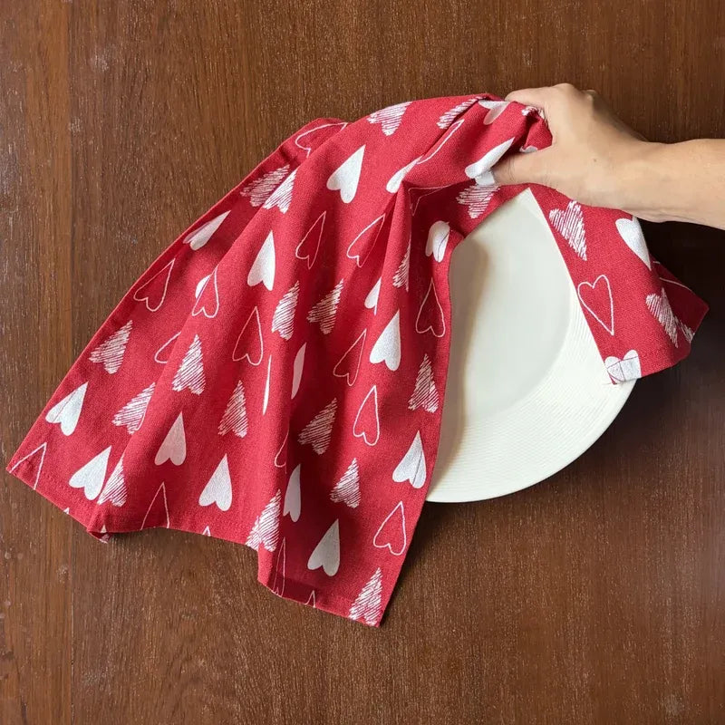 Red Heart Print Kitchen Napkins | Set of 3