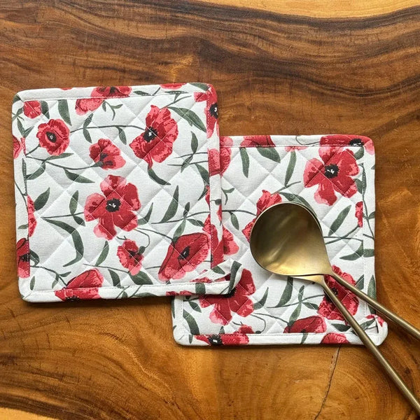 Red Poppy Flower Print Pot Holders | Set of 2