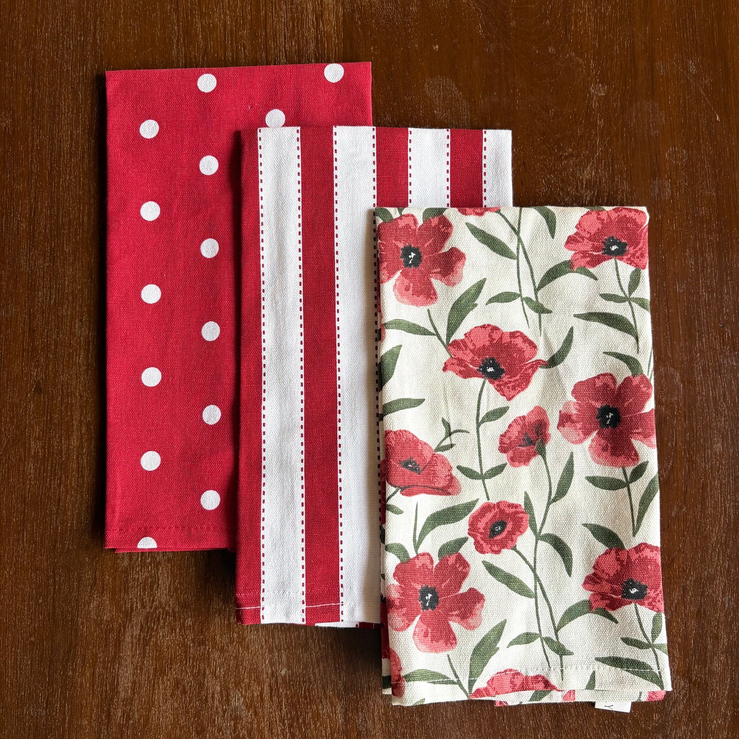 Oak & Lily Kitchen Towels – Red Poppy Flower, Red Polka Dot & Red Stripe | Set of 3 | 100% Cotton | European Quality | Super Absorbent & Anti-Bacterial
