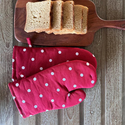 Red & White Polka Dot Print Oven Mittens | Set of 2