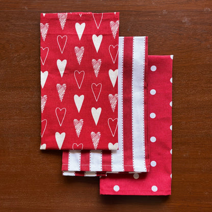 Oak & Lily Kitchen Towels – Red Heart Print, Red Polka Dot & Red Stripe | Set of 3 | 100% Cotton | European Quality | Super Absorbent & Anti-Bacterial