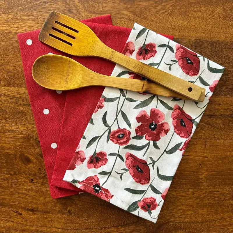 Red Poppy Flower Print Kitchen Linen Set | Apron with Kitchen Napkins & Pot Holder