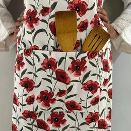 Red Poppy Flower Print Kitchen Linen Set | Apron with Kitchen Napkins & Pot Holder