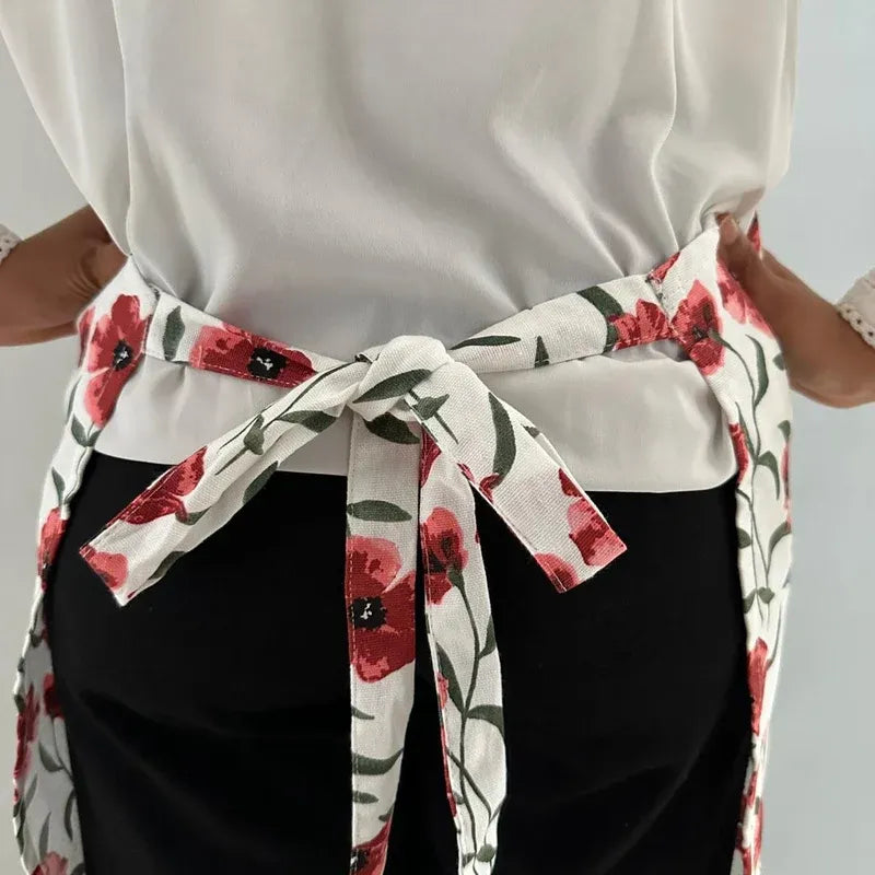 Red Poppy Flower Print Kitchen Linen Set | Apron with Kitchen Napkins & Pot Holder