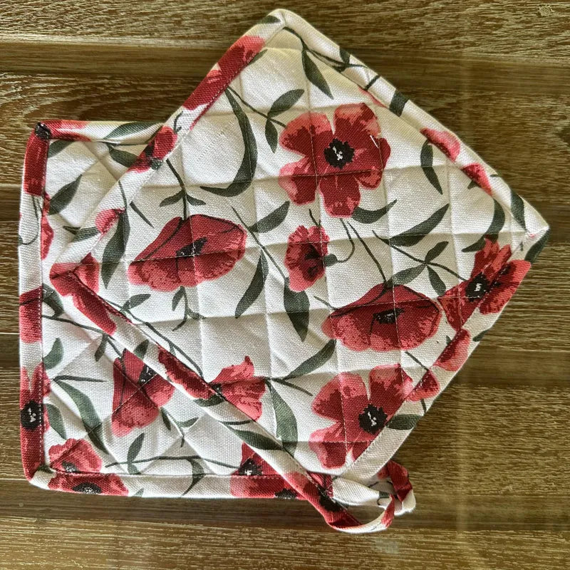 Red Poppy Flower Print Kitchen Linen Set | Apron with Kitchen Napkins & Pot Holder