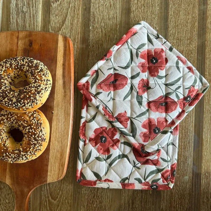 Red Poppy Flower Print Kitchen Linen Set | Apron with Kitchen Napkins & Pot Holder