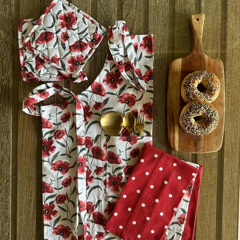 Red Poppy Flower Print Kitchen Linen Set | Apron with Kitchen Napkins & Pot Holder