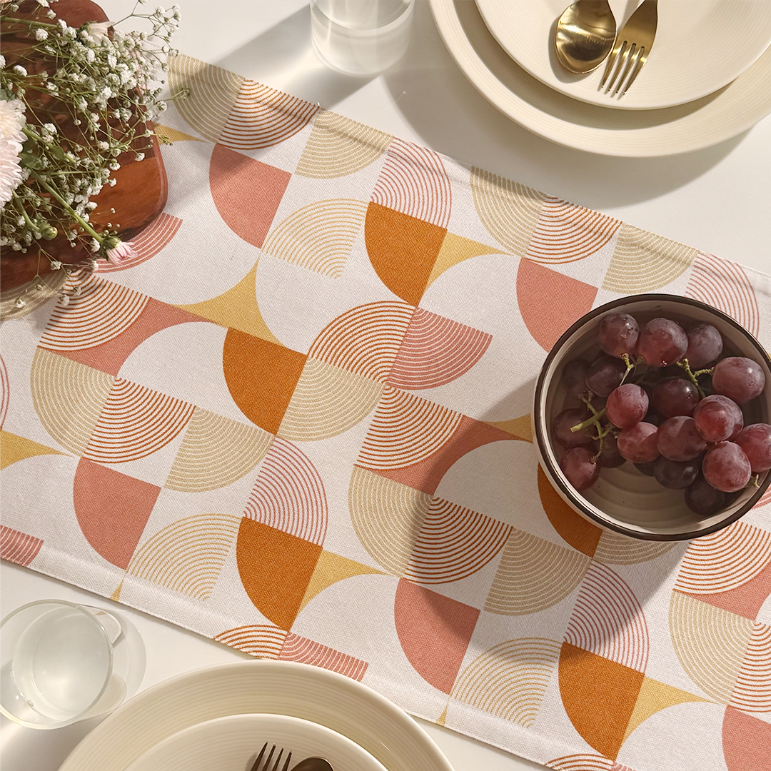 Oak & Lily Table Runner – Rust & Mustard Abstract Geometric Print | 100% Cotton | Premium European Quality