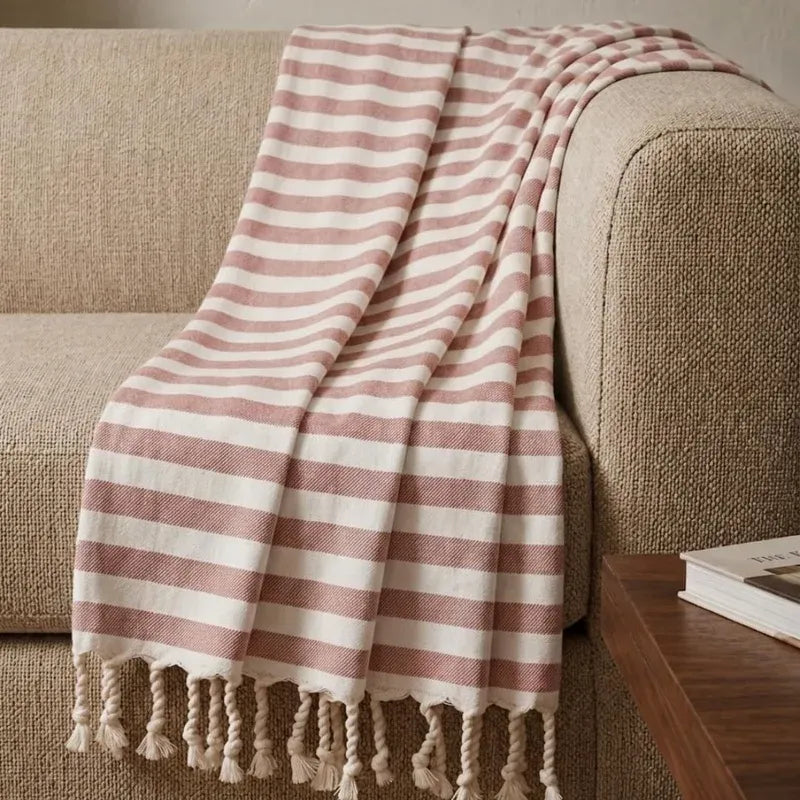 Oak & Lily 100% Cotton Sofa Throw Blanket (50x60 Inches) – Soft & Breathable Decorative Throw | Lightweight for Sofa, Bed & Travel | Rust Stripe