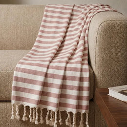 Oak & Lily 100% Cotton Sofa Throw Blanket (50x60 Inches) – Soft & Breathable Decorative Throw | Lightweight for Sofa, Bed & Travel | Rust Stripe