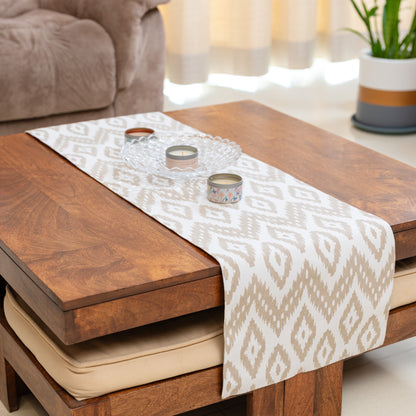 Oak & Lily Table Runner – Ivory & Beige Ikat Print | 100% Cotton | Premium European Quality