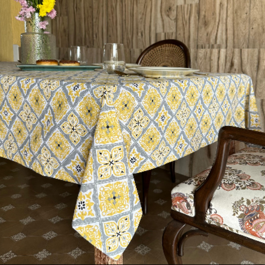 Oak & Lily Table Cloth – Yellow & Grey Ethnic Print | 100% Cotton | Anti-Slip | Premium European Quality | Dining Table Cover