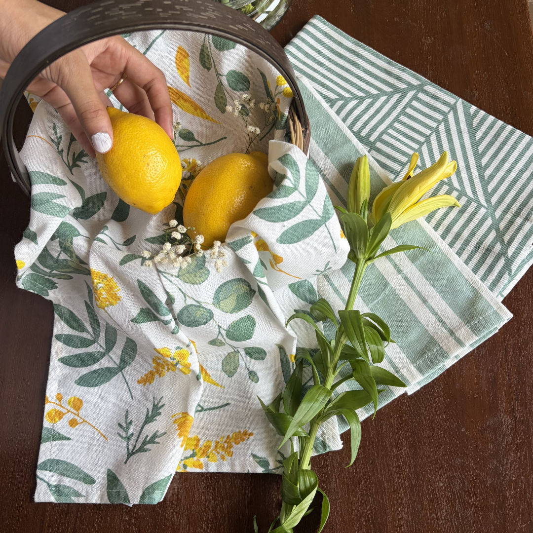 Oak & Lily Kitchen Towels – Sage Green & Yellow Flowers, Stripe & Geometric | Set of 3 | 100% Cotton | European Quality | Super Absorbent & Anti-Bacterial