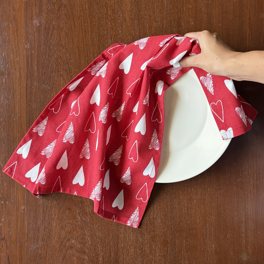 Oak & Lily Kitchen Towels – Red Heart Print, Red Polka Dot & Red Stripe | Set of 3 | 100% Cotton | European Quality | Super Absorbent & Anti-Bacterial